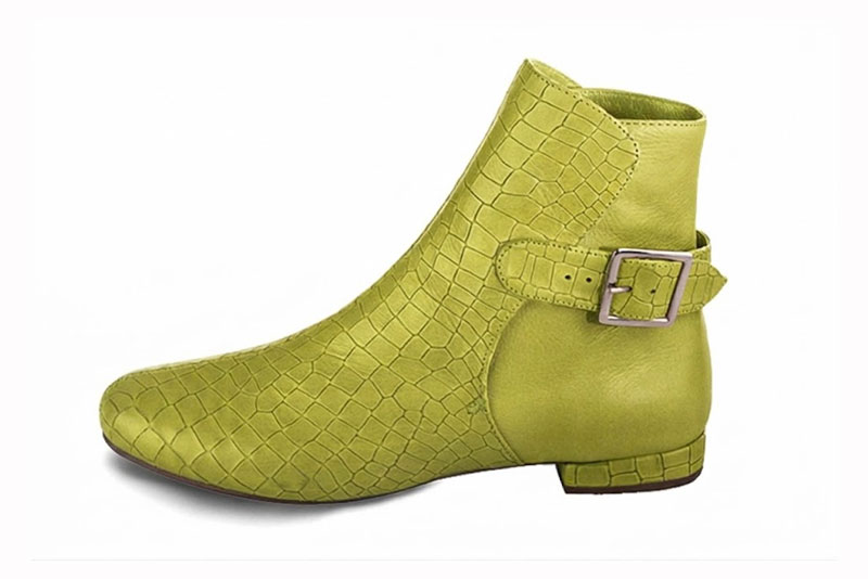 Women's pistachio green back-buckle ankle boots with round toe and low block heel - Profile view